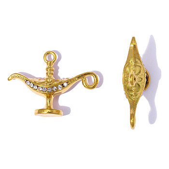 304 Stainless Steel Pendants, with Rhinestone, Aladdin's Lamp Charms, Mirror Polished Finish, Ion Plating(IP), Real 18K Gold Plated, 25x18mm, Hole: 2mm