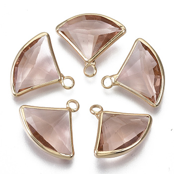 Transparent Glass Pendants, with Light Gold Plated Brass Findings, Faceted, Fan, Rosy Brown, 16~17x19x6mm, Hole: 2mm