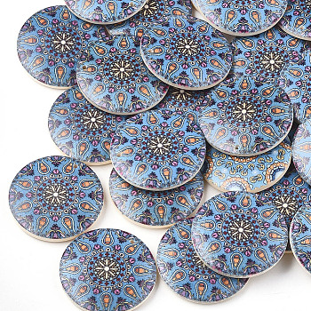 Printed Wooden Pendants, Flat Round, Sky Blue, 30x5mm, Hole: 1mm