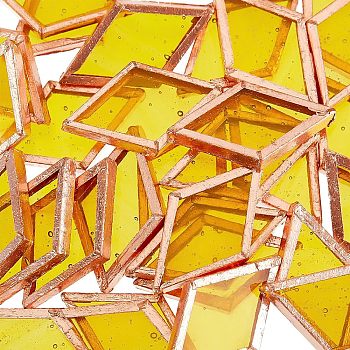 30Pcs Colored Glass Mosaic Tiles, with Rose Gold Brass Edge, for Mosaic Wall Art, Turkish Lamps, Rhombus, Yellow, 24.5~25x14.5~15x3mm