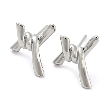 Rhodium Plated Knot Shape 925 Sterling Silver Stud Earring Findings, with S925 Stamp, Real Platinum Plated, 12x11.5mm, Hole: 1.6mm, Pin: 11x0.7mm