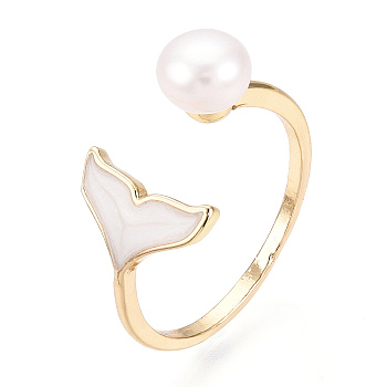 Natural Pearl Open Cuff  Ring with Msilver-Lipped Pearl Oyster, Brass Finger Rings, Fishtail, Real 18K Gold Plated, US Size 8 1/4(18.3mm)