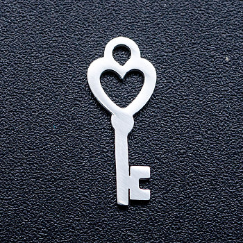 201 Stainless Steel Pendants, Key Charms, Stainless Steel Color, 15x6x1mm, Hole: 1.6mm
