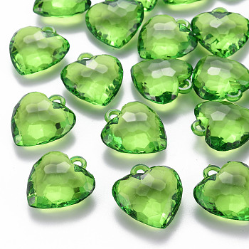 Transparent Acrylic Pendants, Faceted, Heart, Green, 31.5x29x12.5mm, Hole: 4mm, about 90pcs/500g