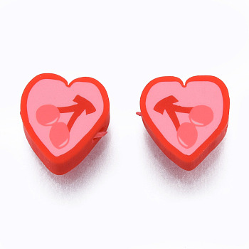 Handmade Polymer Clay Beads, Heart with Cherry, Red, 9~9.5x9~9.5x4~4.5mm, Hole: 1.5mm