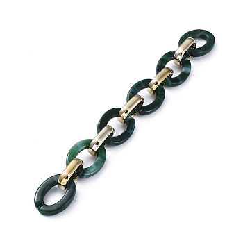 Handmade CCB Plastic Cable Chains, with Acrylic Linking Rings, Golden, Dark Green, Links: 24.2x18.2x4mm and 19x12x4.7mm, 39.37 inch(1m)/strand