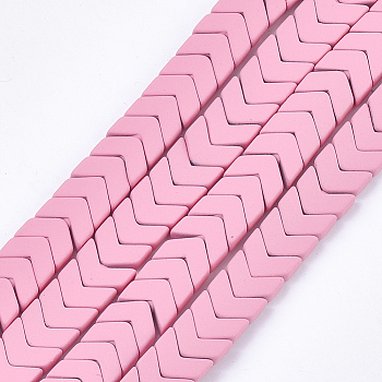 Spray Painted Non-magnetic Synthetic Hematite Beads Strands, Matte Style, Arrow/Chevron, Pink, 7x8x3mm, Hole: 0.7mm, about 96pcs/strand, 15.9 inch