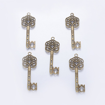 Tibetan Style Alloy Big Skeleton Key Pendants, Cadmium Free & Nickel Free & Lead Free, Antique Bronze, 60x22x2mm, Hole: 2mm