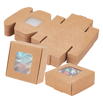 Square Foldable Creative Kraft Paper Box, Gift Box with Visible PVC Window, Tan, 5.5x5.5x2.5cm