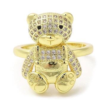 Bear Cubic Zirconia Open Cuff Rings, Rack Plating Brass Rings for Women, Golden, Inner Diameter: 16.4mm
