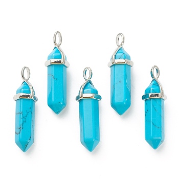 Synthetic Turquoise Pendants, with Platinum Tone Brass Findings, Bullet, 39.5x12x11.5mm, Hole: 4.5x2.8mm