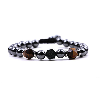Synthetic Hematite & Natural Tiger Eye Braided Bead Bracelets, Yoga Theme Stainless Steel Adjustable Bracelet, 7-1/8~10-1/4 inch(18~26cm)