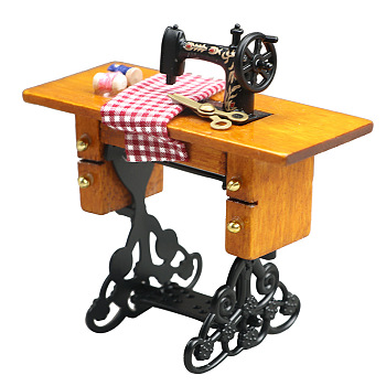 Retro Wood & Metal Mini Sewing Machine, for Miniature Doll Home Decoration, Tartan Pattern, 35x80x80mm
