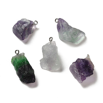 Raw Rough Natural Colorful Fluorite Pendants, Nuggets Charms, with Platinum Plated Iron Loops, 21~34.5x15~25.5x10~17mm, Hole: 2mm