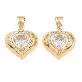 Brass Micro Pave Cubic Zirconia with Glass Pendants, Heart Charms, Long-Lasting Plated, Rack Plating, Lead Free & Cadmium Free, Real 18K Gold Plated, Clear, 25x25x7mm, Hole: 5.5x9mm