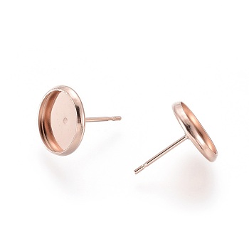 304 Stainless Steel Stud Earring Settings, Flat Round, Rose Gold, Tray: 10mm, 12mm, Pin: 0.8mm