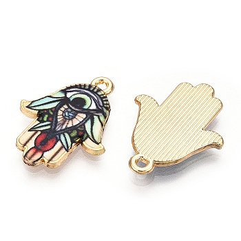 Printed Light Gold Tone Alloy Pendants, Hamsa Hand with Eye Charms, Colorful, 23x18x2mm, Hole: 1.4mm