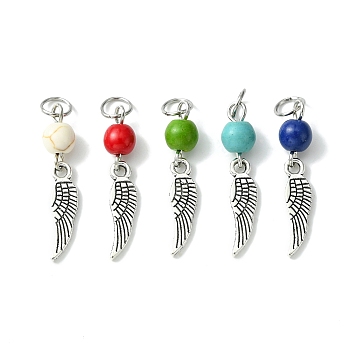 Synthetic Turquoise Dyed Pendants, Antique Silver Plated Alloy Charms, Mixed Color, Wing, 28.5mm, Pendant: 18x5x1mm, Hole: 4.5mm