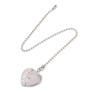Heart Natural Rose Quartz Ceiling Fan Pull Chain Extenders, with Iron Ball Chains, 353mm, Pendant: 36x33x10mm