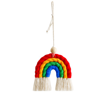 Handmade Macrame Weaving Rainbow Tassel Pendant Decorations, with Wood Bead for Car Home Window Decoration, Colorful, 85x90mm