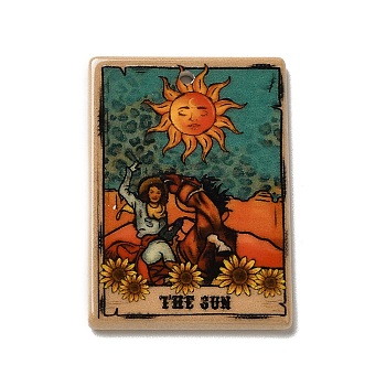 Printed Acrylic Pendants, Rectangle with Tarot Card Theme Pattern Charm, The Sun, Coral, 37.5x26.5x2mm, Hole: 1.7mm