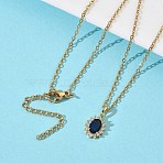 Brass Pave Clear and Blue Cubic Zirconia Oval Pendant 304 Stainless Steel Chain Necklaces for Women, PVD Vacuum Plating, Real 18K Gold Plated, 17.95 inch(45.6cm)(NJEW-D341-09G)