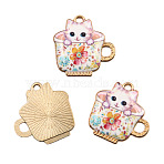 Light Gold Plated Alloy Enamel Pendants, Tea Cup Cat Charm, Misty Rose, 23x23mm, Hole: 1mm(PW-WG9221B-09)