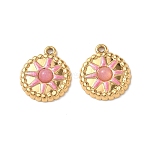 Cherry Quartz Glass Pendants, Flat Round with Sun Charms with 304 Stainless Steel Enamel Findings, PVD Vacuum Plating, Real 18K Gold Plated, 17.5x15x4mm, Hole: 1.5mm(STAS-P453-13G-03)