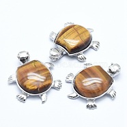 Natural Tiger Eye Pendant, with Alloy Findings, Tortoise, Platinum, 38x30.5x8.2mm, Hole: 3x4.5mm(G-G759-B11)
