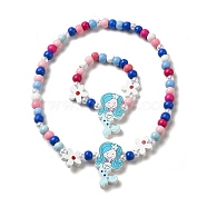 Maple Wood & Acrylic Jewelry Set, Beaded Necklace & Stretch Bracelet for Kids, Mermaid, Bracelet: Inner Diameter: 1-3/4 inch(4.5cm), Necklace: 16-1/2 inch(42cm)(SJEW-C003-02C)