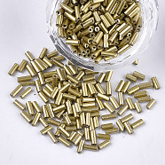 Electroplate Glass Bugle Beads, Round Hole, Metallic Colours, Gold, 3~5x1.5~2mm, Hole: 0.8mm, about 1666pcs/50g(X-SEED-S029-02B-04)