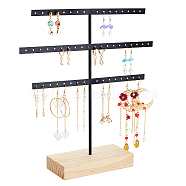 Iron Jewelry Display Stands, with Wooden Settings, for Necklace & Earring Stand Holder, Black, 26.1x6.9x28.6cm(ODIS-WH00011-21)