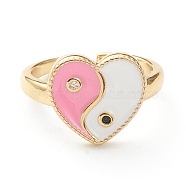 Brass Micro Pave Cubic Zirconia Finger Rings, with Enamel, Long-Lasting Plated, Real 18K Gold Plated, Heart, Pink, US Size 7 3/4(17.9mm), 2.5mm, Inner Diameter: 18mm(RJEW-P021-01F)
