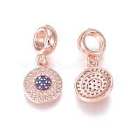 Brass Micro Pave Clear Cubic Zirconia European Dangle Charms, Large Hole Pendants, Flat Round, Blue & Clear, Rose Gold, 21.5mm, Hole: 5mm, Flat Round: 12.5x10x3mm(ZIRC-I036-18RG)