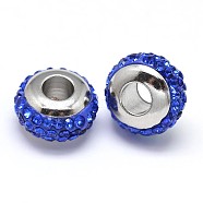 Rondelle 304 Stainless Steel Polymer Clay Rhinestone European Beads, with Double Side Platinum Color Core, Stainless Steel Color, Sapphire, 10x6mm, Hole: 4mm(GPDL-P003-13)