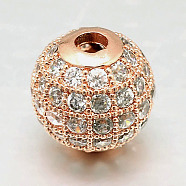 Round Brass Micro Pave Cubic Zirconia Beads, Clear, Rose Gold, 6mm, Hole: 1.8mm(ZIRC-N016-01RG-6MM)