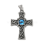 304 Stainless Steel Big Pendants, with Resin Eye. Cross Charm, Antique Silver, Deep Sky Blue, 56.5x38x5.5mm, Hole: 8.5x3mm(STAS-U001-03AS-01)