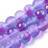 Frosted Spray Painted Glass Beads Strands, with Golden Foil, Round, Blue Violet, 10~11mm, Hole: 1.4~1.6mm, about 39~42pcs/Strand, 14.84 inch~15.27 inch(37.7~38.8cm)(GLAA-N035-03D-C03)