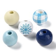 50Pcs Winter Theme Wood European Beads, Large Hole Beads, Round with Snowflake & Plaid Pattern, Mixed Color, 15.5~16x14.5~15mm, Hole: 4~4.5mm(WOOD-G016-01)