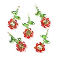 Glass Beaded Pendants, with Copper Wire, Flower of Life Charms, Red, 30~32x13~14x5.5~6mm, Hole: 1.5~1.6mm(GLAA-C028-06B)