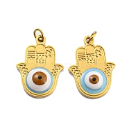 Ion Plating(IP) 304 Stainless Steel Pendants, with Enamel and Jump Ring, Hamsa Hand with Evil Eye Charm, Golden, 17x13x3.5mm, Hole: 2.5mm(STAS-O003-05G)