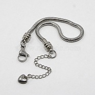 304 Stainless Steel European Round Snake Chains Bracelets, with Lobster Claw Clasp and Heart Charms, Stainless Steel Color, 160x3mm(STAS-J015-07)