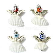 4Pcs 4 Colors Alloy Spiral Shell Pendants, Evil Eye Lampwork Angel Charms with Round Shell Pearl, Mixed Color, 25~30x23.5x9~9.5mm, Hole: 2.5mm, 1pc/color(PALLOY-TA00083)