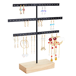 Iron Jewelry Display Stands, with Wooden Settings, for Necklace & Earring Stand Holder, Black, 26.1x6.9x28.6cm(ODIS-WH00011-21)