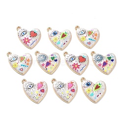 Rack Plating Alloy Enamel Pendants, Evil Eye Heart Charms with Resin, Light Gold, Mixed Color, 22x18.5x3mm, Hole: 1.6mm(X-FIND-E043-01KCG)