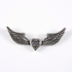 316 Surgical Stainless Steel Rhinestone Big Pendants, Wing with Heart, Antique Silver, 25x59x7mm, Hole: 6x3mm(STAS-E070-27)
