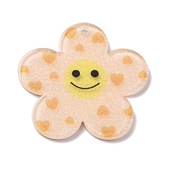 Acrylic Pendants, with Giltter Power, Flower with Smiling Face, Orange, 38x39x2mm, Hole: 2.2mm(OACR-Q055-01F)