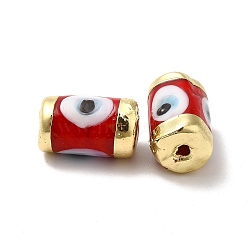 Handmade Evil Eye Lampwork Beads, with Light Gold Tone Brass Findings, Long-Lasting Plated, Lead Free and Cadimum Free, Column, Red, 14.5~15x9~9.5mm, Hole: 1.8mm(LAMP-M012-01LG-E)
