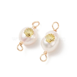 Grade AA Natural Cultured Freshwater Pearl Connector Charms with Golden Tone Alloy Slices, Two Sides Polished, with Copper Wire Double Loops, Shell Pattern, 20~21x8~9x6~8mm, Hole: 2.5mm(PALLOY-JF01996-02)