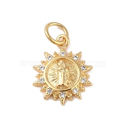 Brass Micro Pave Clear Cubic Zirconia Charms, with Jump Ring, Real 18K Gold Plated, Sun, 14x11.5x2mm, Hole: 3mm(KK-E111-32H-G)